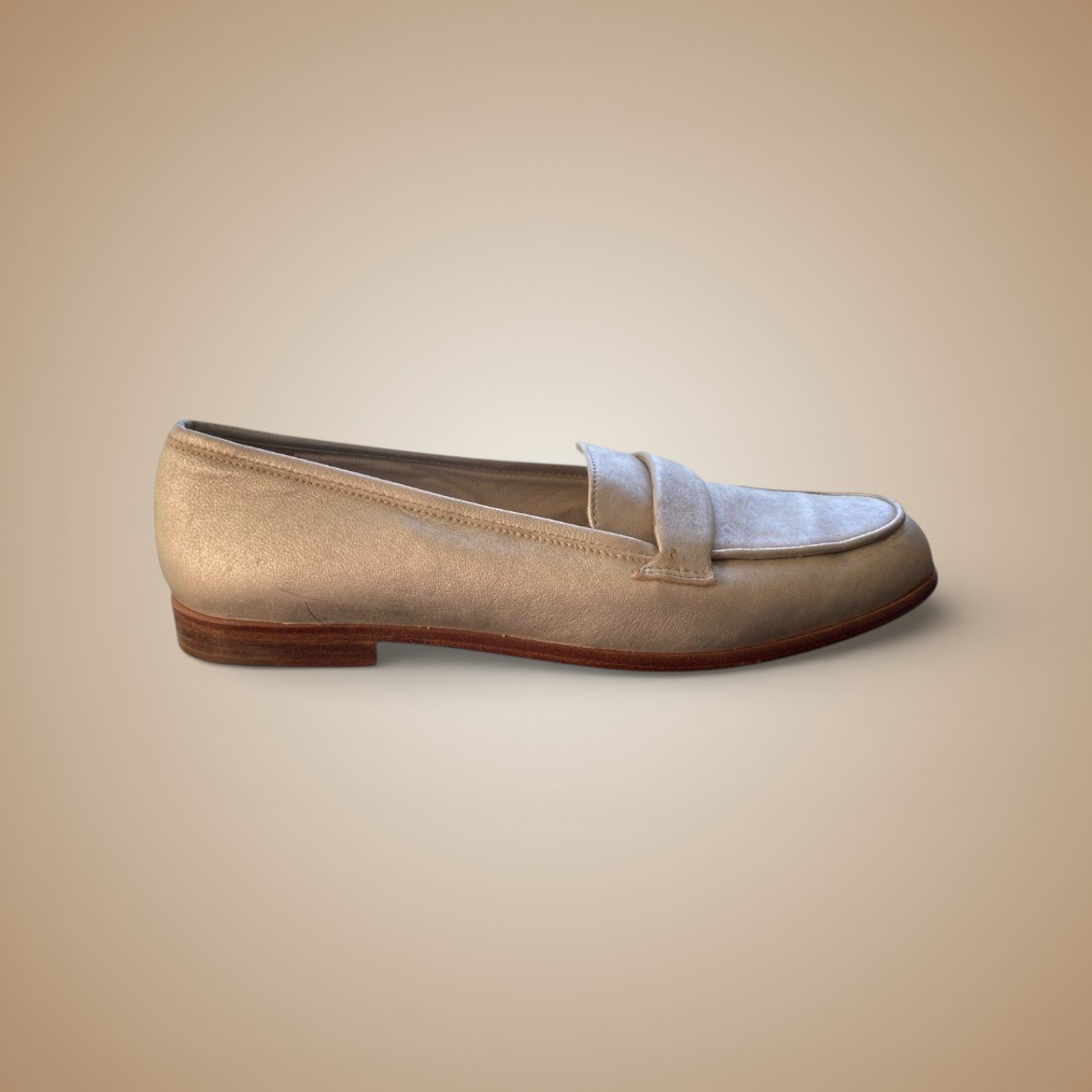 Lanvin loafer before restoration — oxidised and worn silver leather